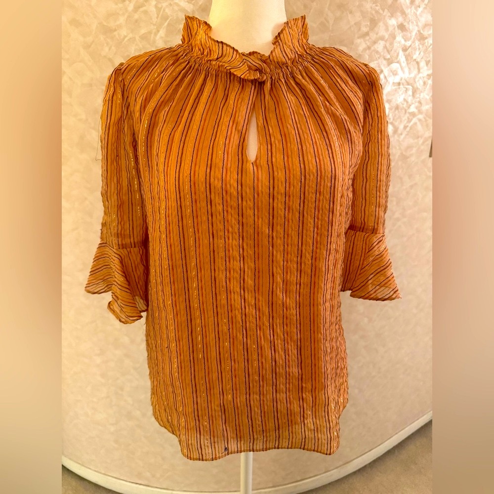 Rebecca Taylor Pink Blouse with Accents of Gold Metallic Striping